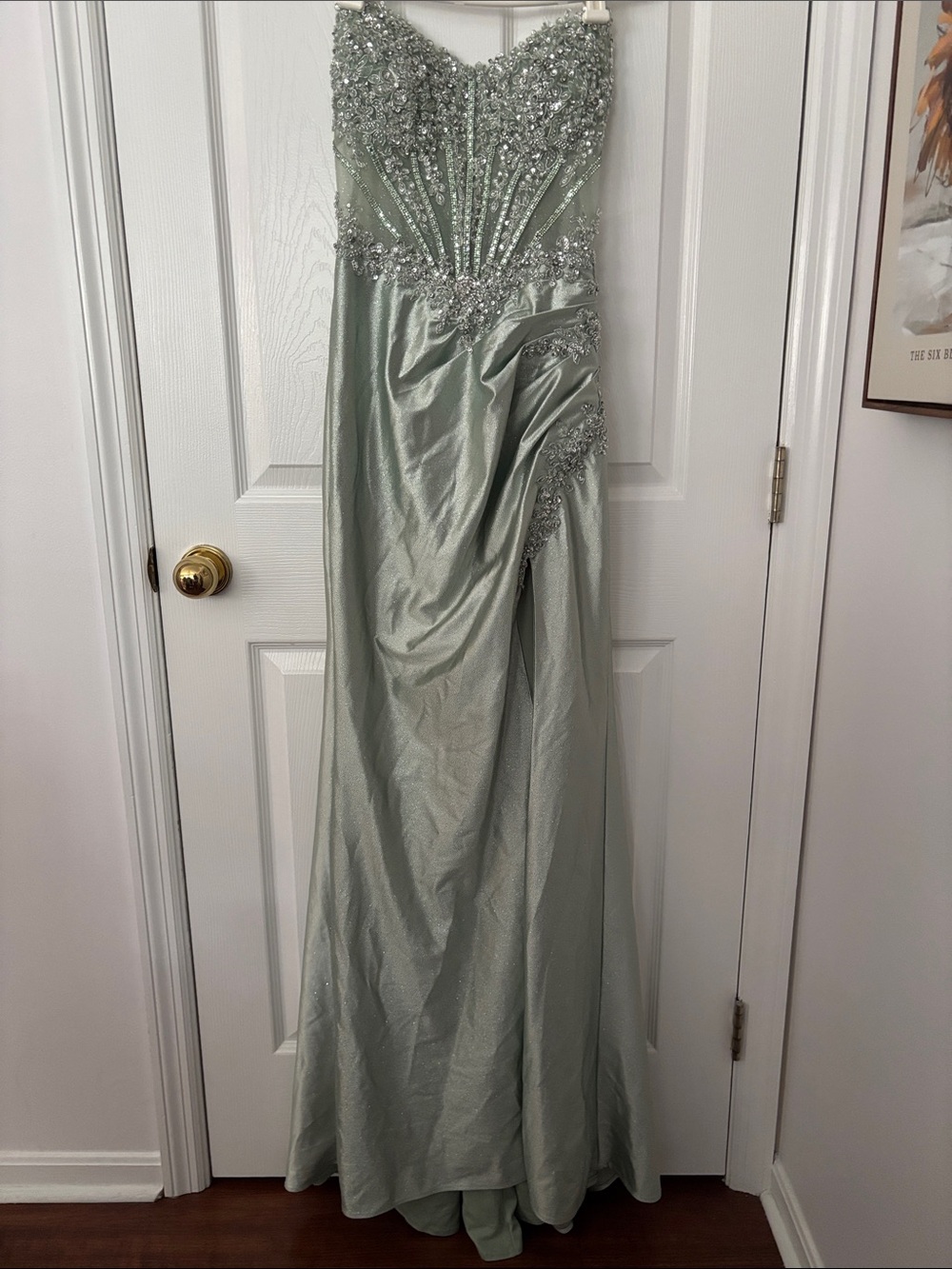 Strapless Beaded Sage Green Prom Gown the beautiful ones